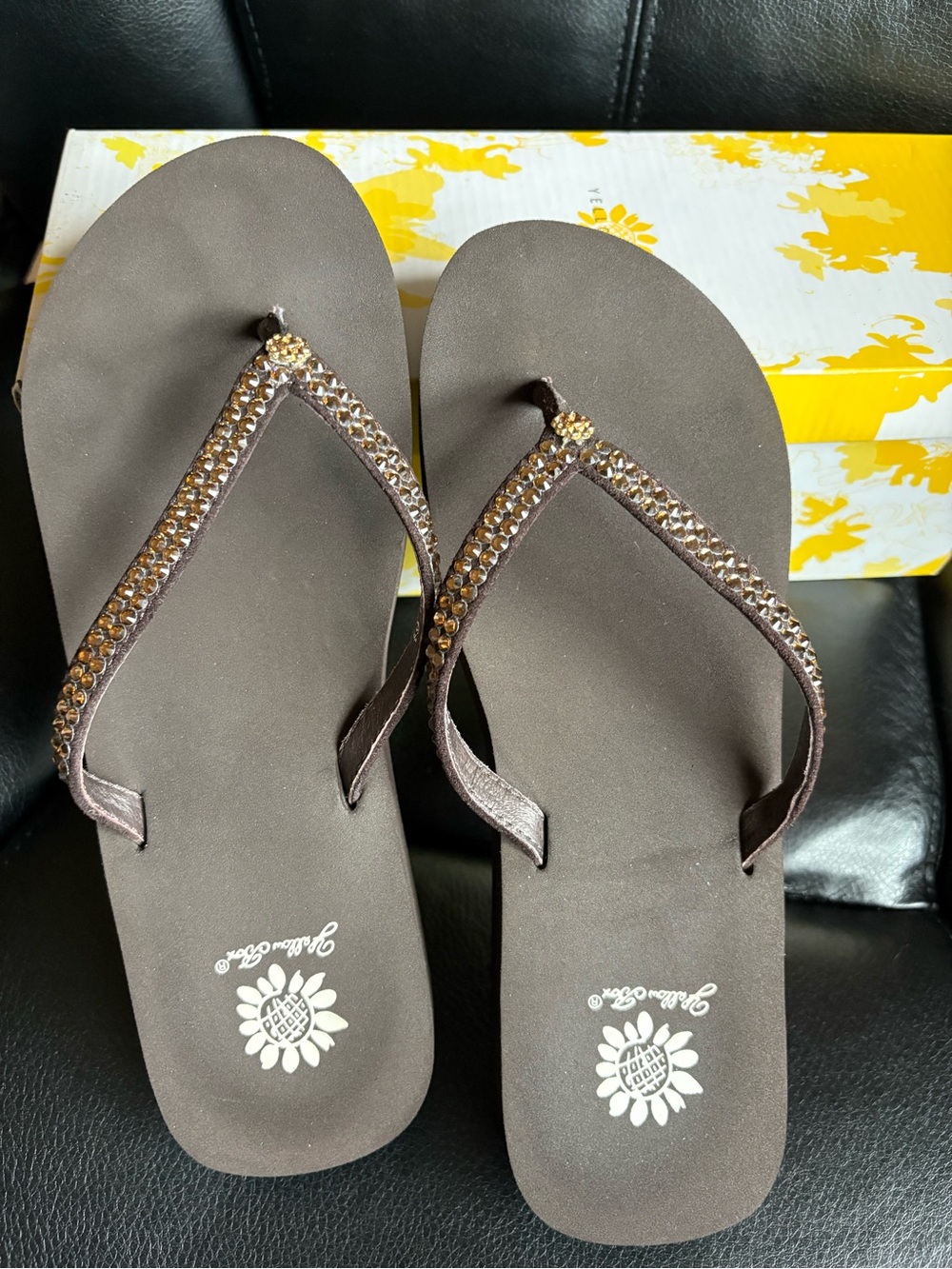 Yellow Box Women's Brown Embellished Flip Flop Sandals - size 6 1/2